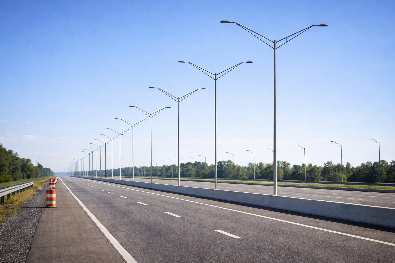 Street light poles installed on highway showing durable long service life and low maintenance