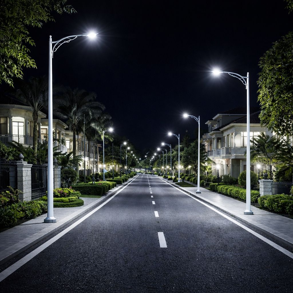 Premium residential colony road with modern street light poles and LED outdoor lighting installation