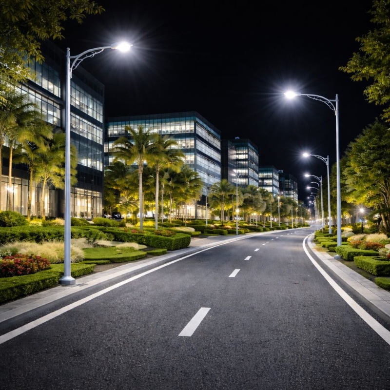 Commercial business park road with premium street light pole lighting near corporate office buildings