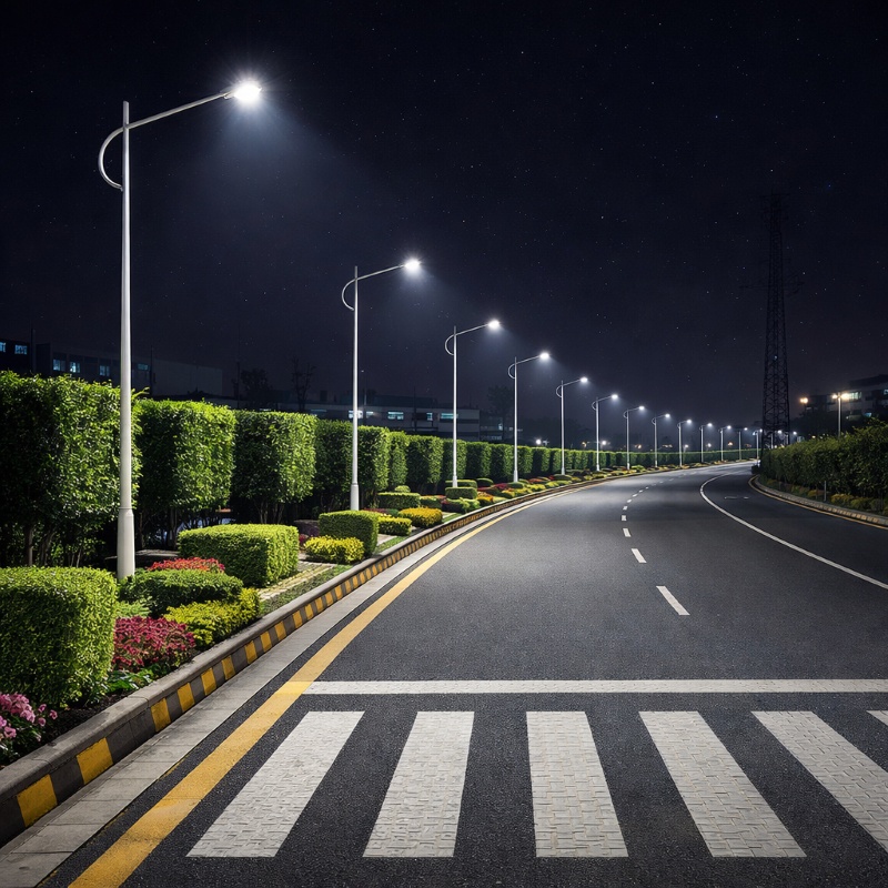 Smart city street light pole installation with modern LED lighting poles on urban road infrastructure