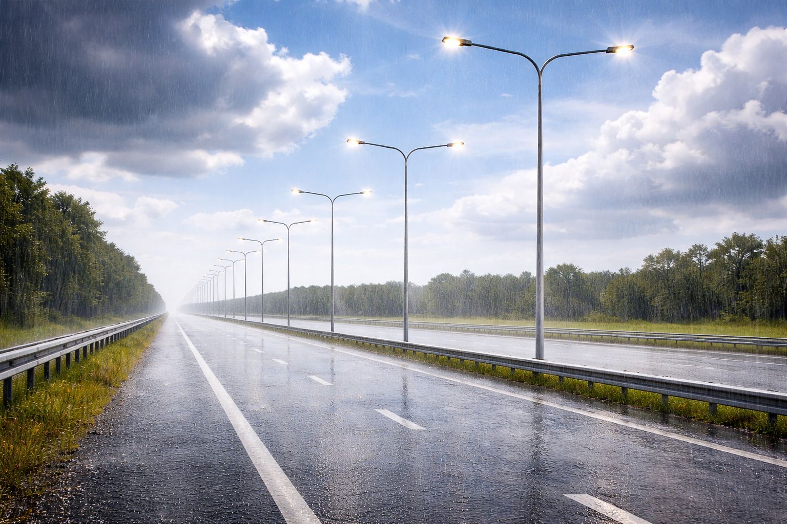 Street light poles on highway in rain showing all weather protection and durability