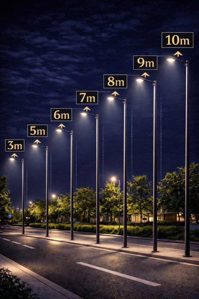 Street light pole height chart from 3 meter to 12 meter showing different pole sizes for road and highway lighting in India