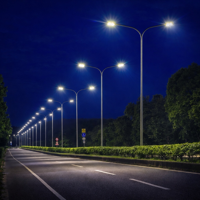 street light pole installed on highway road for outdoor lighting project in India