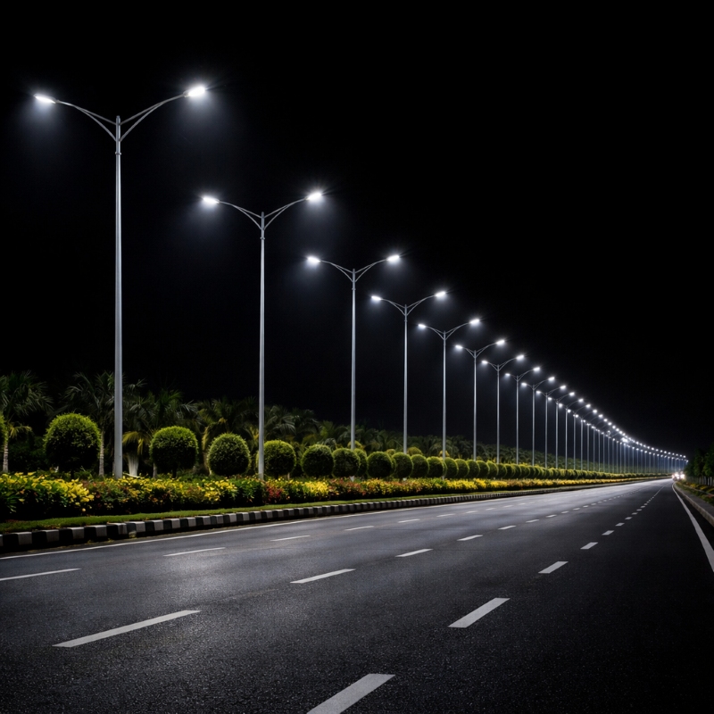 Highway street light pole with white LED lighting installed in India for modern road illumination by Surya Traders