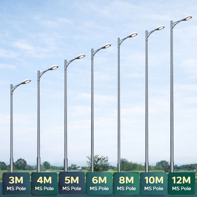 MS street light pole heights from 3m to 12m in India for road lighting, highway lighting and outdoor infrastructure projects