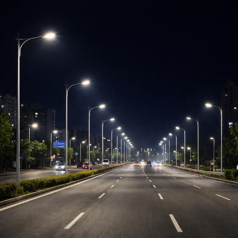 Surya street light pole manufacturer in India installed on city road for LED road lighting system
