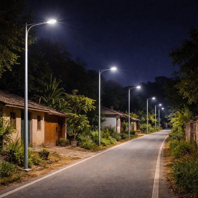 Surya street light pole installed on rural road for outdoor lighting in village areas of India