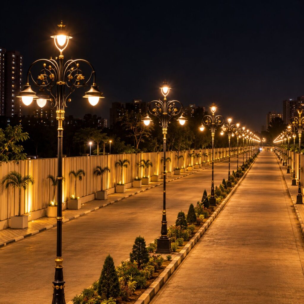 Premium decorative lighting pole installed in Bhopal by Surya Traders for roads, parks, gardens, residential townships, commercial projects, and outdoor landscapes.