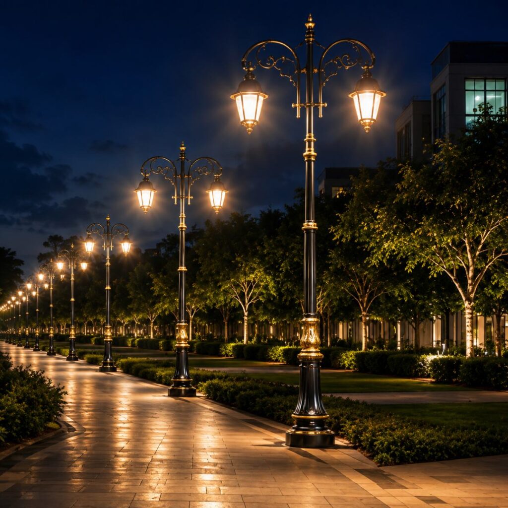 Premium decorative lighting pole installed on a modern city street, manufactured by Surya Traders in India for parks, roads, gardens, smart cities, highways, residential townships, commercial projects, and urban landscapes.