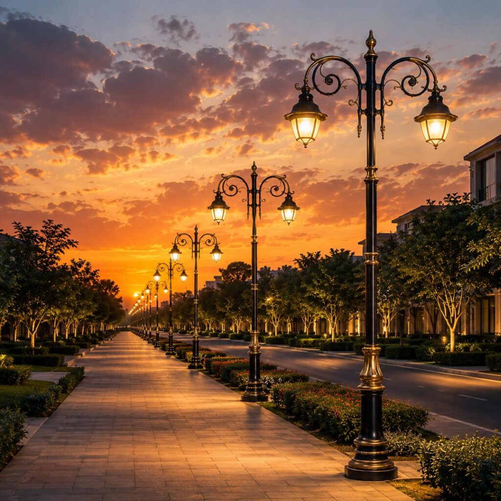 Decorative lighting poles manufactured by Surya Traders in India for roads, parks, gardens, residential townships, commercial landscapes, smart cities, and outdoor LED lighting projects.