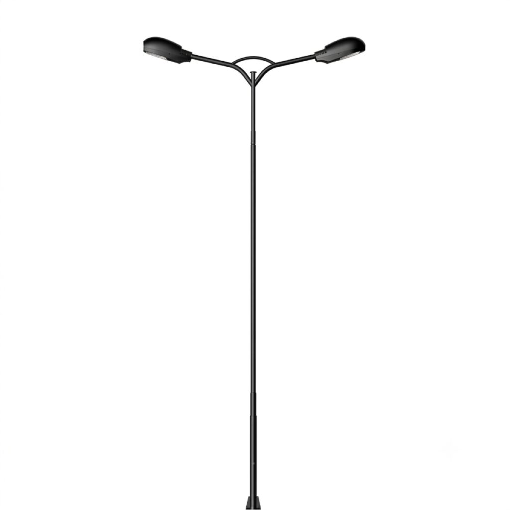 Double arm tubular pole manufactured by Surya Traders in Bhopal, India, engineered for dual LED street lights in highways, city roads, industrial parks, residential townships, and public infrastructure projects.