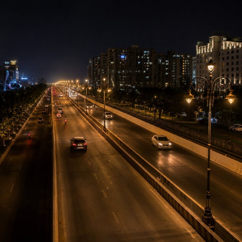 Durable decorative lighting pole with long service life installed on a premium boulevard, designed for roads, parks, gardens, commercial landscapes, residential communities, and modern outdoor lighting projects.