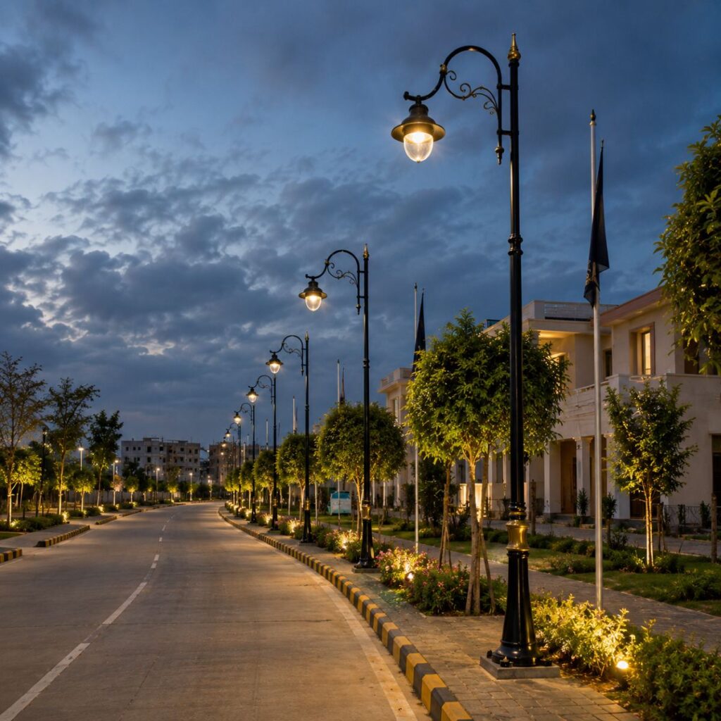Elegant garden decorative lighting pole installed beside landscaped pathways, gardens, villas, parks, and outdoor spaces, manufactured by Surya Traders for premium landscape lighting projects.