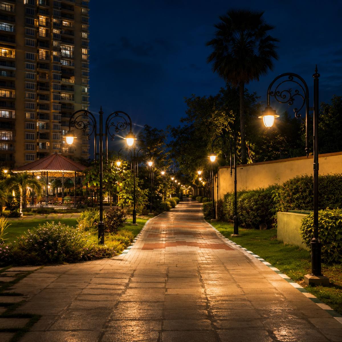 Premium garden decorative lighting pole installed in a landscaped garden with elegant outdoor illumination for parks, villas, resorts, pathways, and residential landscapes.