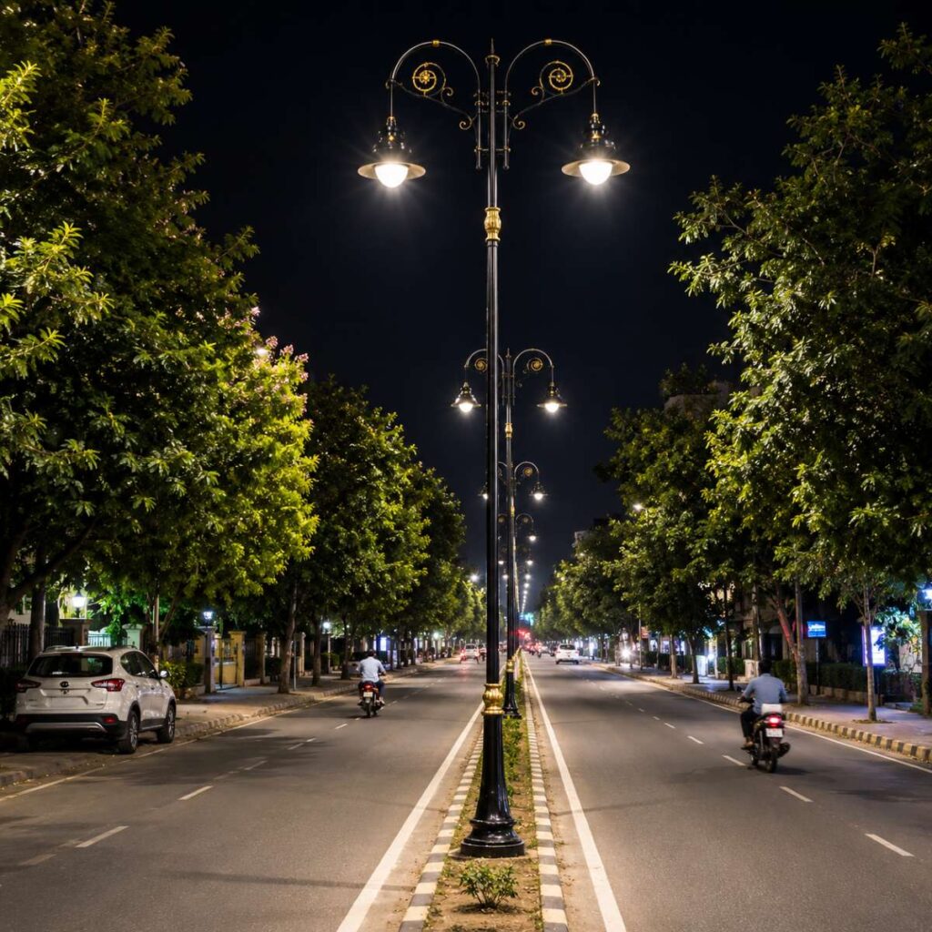 Premium garden lighting pole manufacturer in India showing a decorative MS and GI outdoor lighting pole for parks, gardens, pathways, and landscape projects.