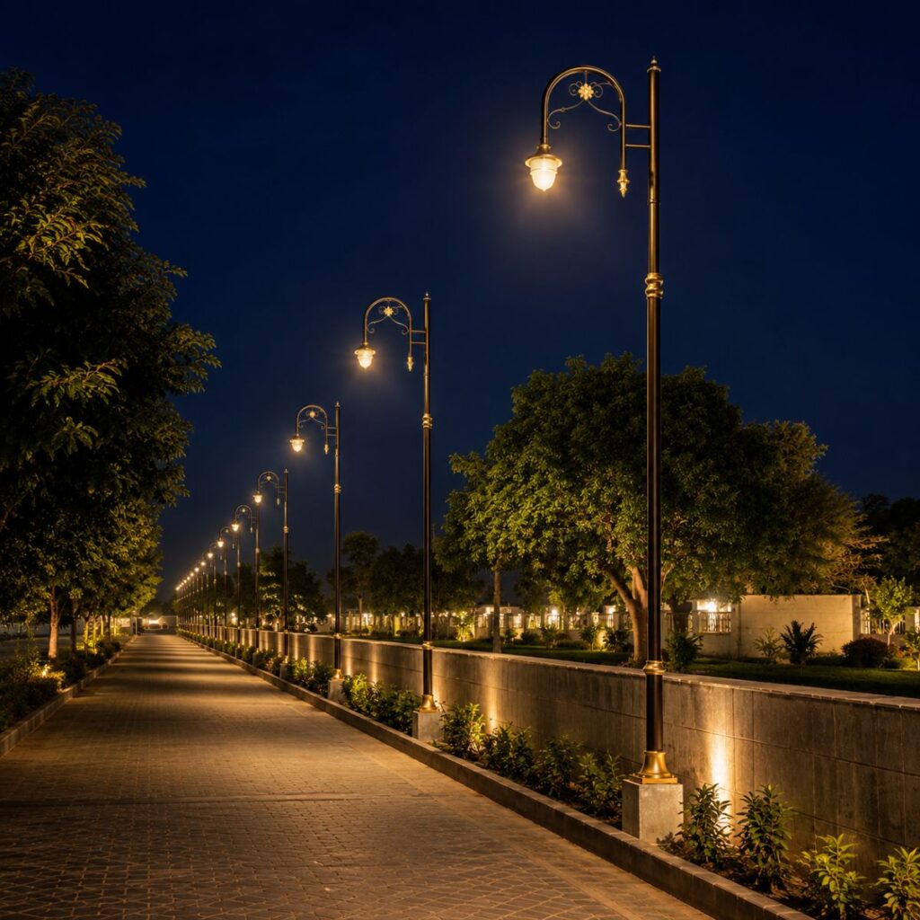 Decorative garden lighting pole manufactured in India for parks, gardens, pathways, resorts, townships, and outdoor landscape projects.