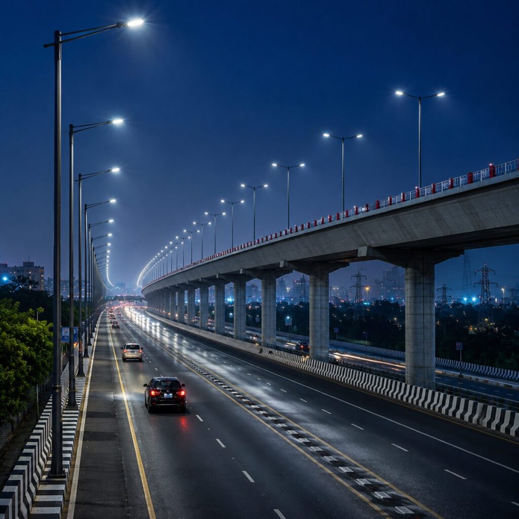 Premium tubular lighting pole manufactured by Surya Traders for highways, smart city roads, industrial zones, commercial projects, residential developments, and outdoor infrastructure across India.