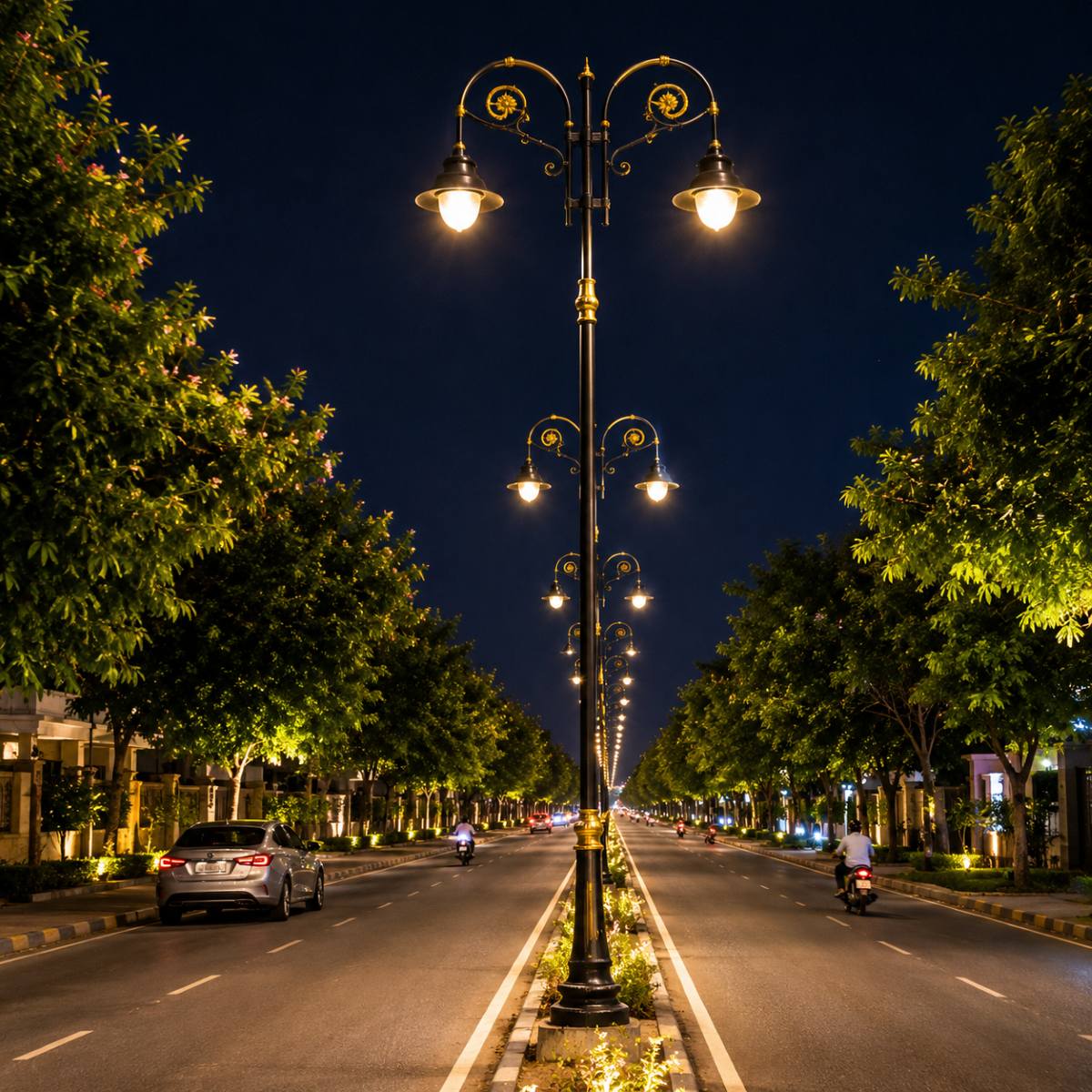 Surya premium decorative lighting pole illuminating a modern curved boulevard with elegant outdoor architectural lighting for roads, gardens, parks, and luxury landscapes.