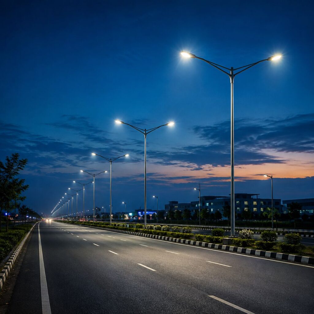 Premium MS street light pole manufactured for roads, highways, smart cities, industrial areas, residential projects, and outdoor lighting infrastructure across India.