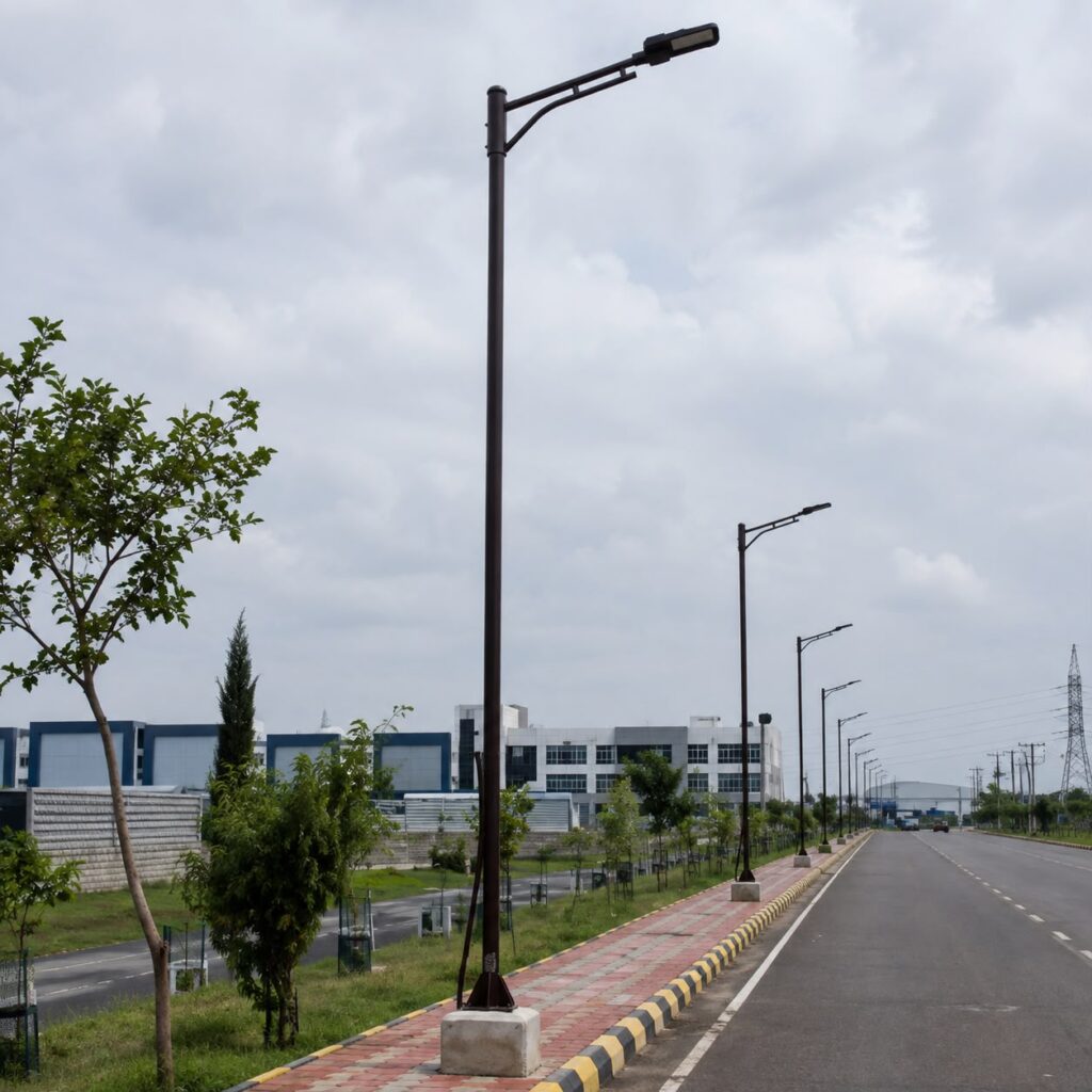 Premium MS tubular pole manufactured in India by Surya for LED street lighting, highways, industrial roads, commercial zones, township projects, and public infrastructure.