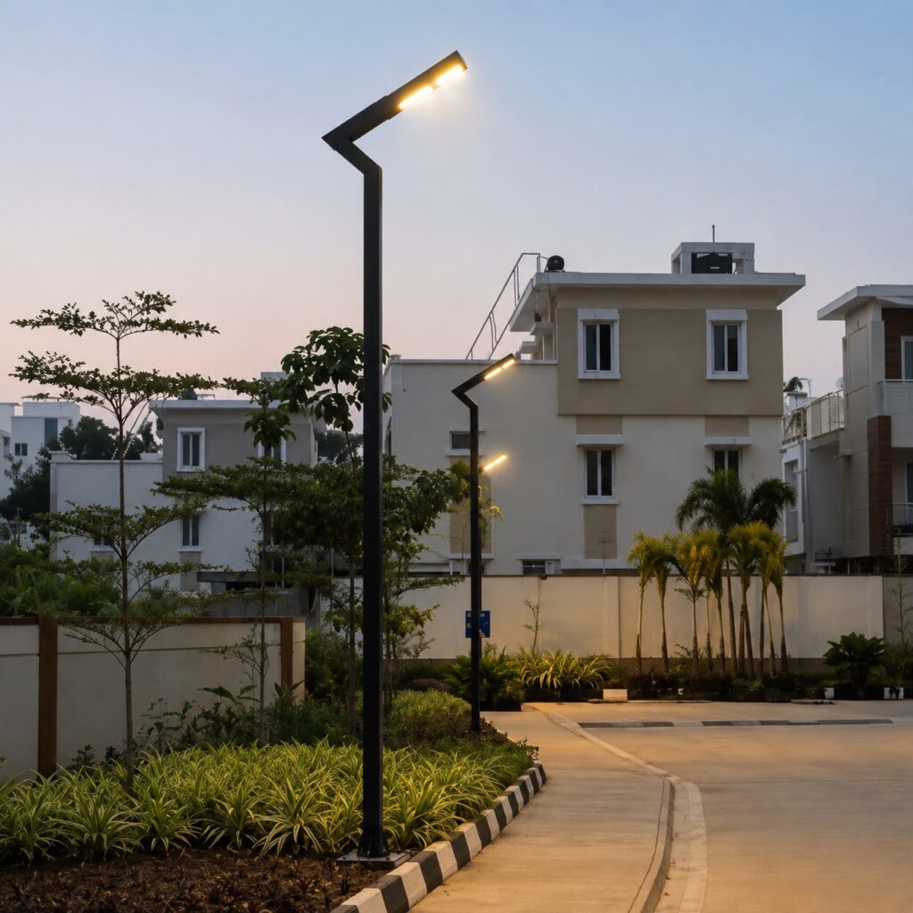 Architectural modern LED street light pole with elegant steel design for boulevards, parks, commercial districts, and urban developments.