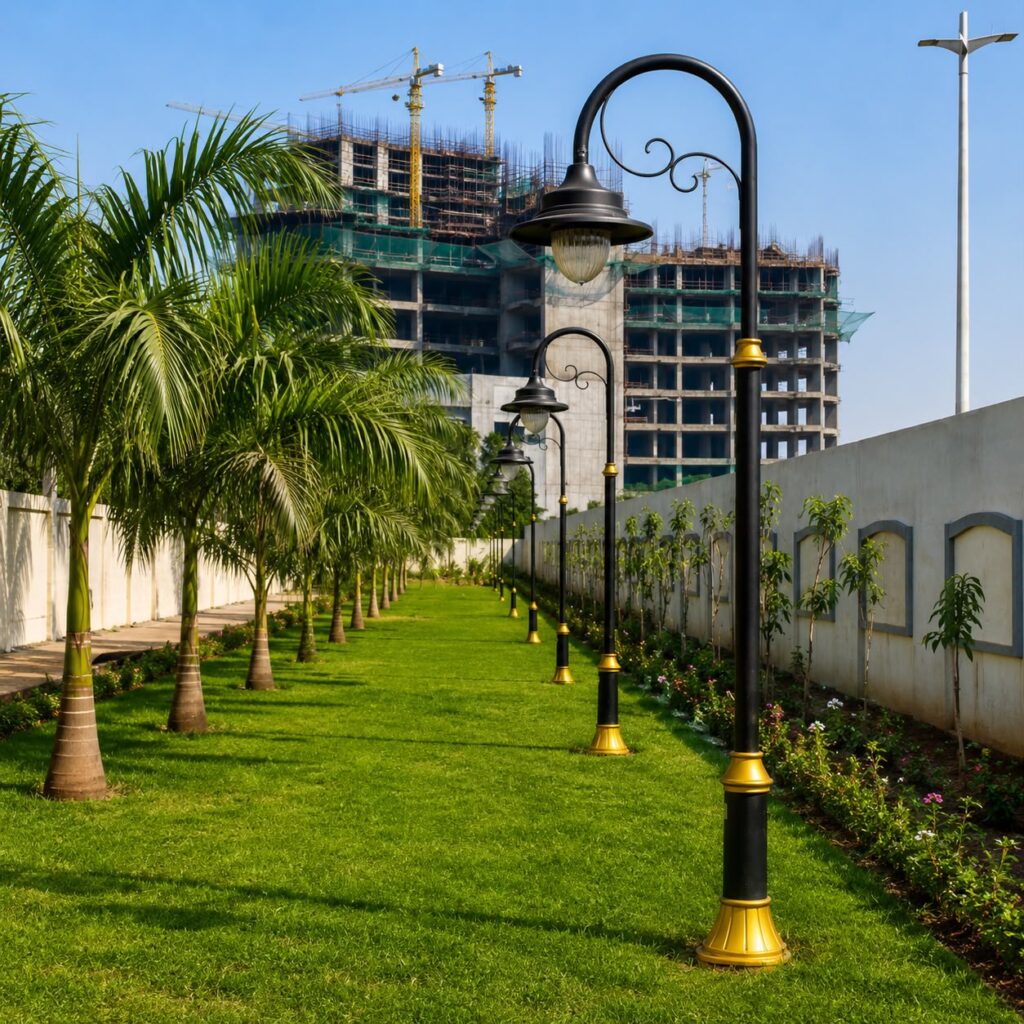 Decorative garden street light pole installed in landscaped park area in Pune India by Surya Traders