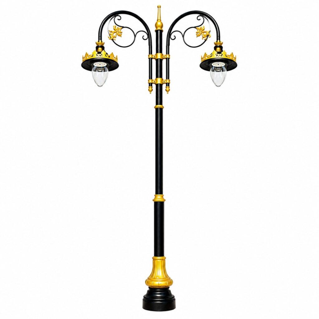 Premium decorative garden lighting pole manufactured by Surya Traders in India featuring a black and gold dual-arm outdoor lighting design for parks, gardens, streets, smart cities, landscapes, and residential projects.