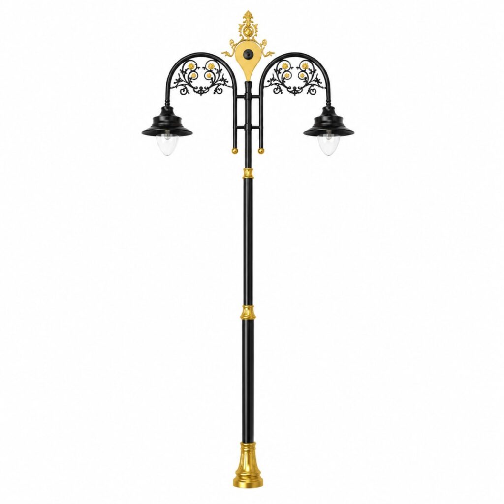 Double arm garden lighting pole manufactured in Bhopal, India for parks, gardens, pathways, residential projects, and outdoor landscape lighting.