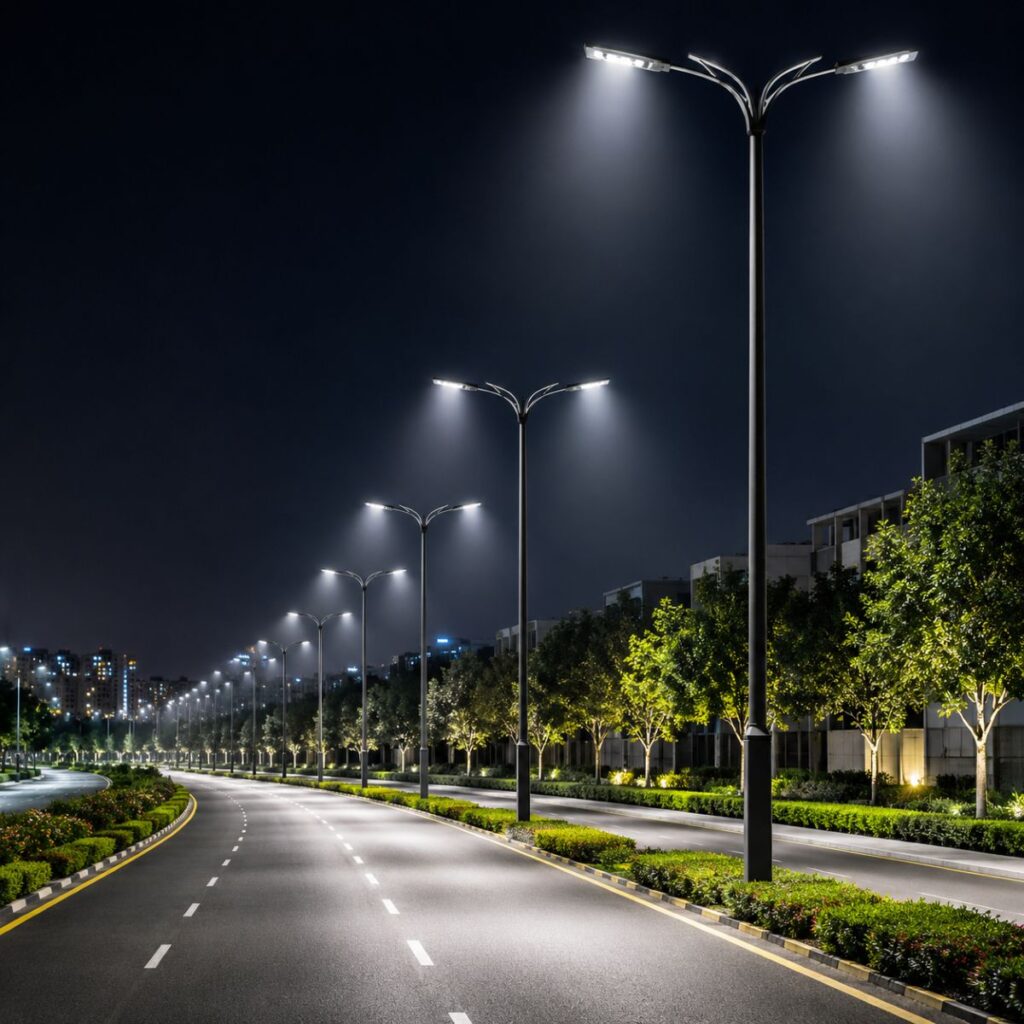 Modern LED street light pole installed for urban roads, highways, smart cities, commercial areas, and public infrastructure in India.