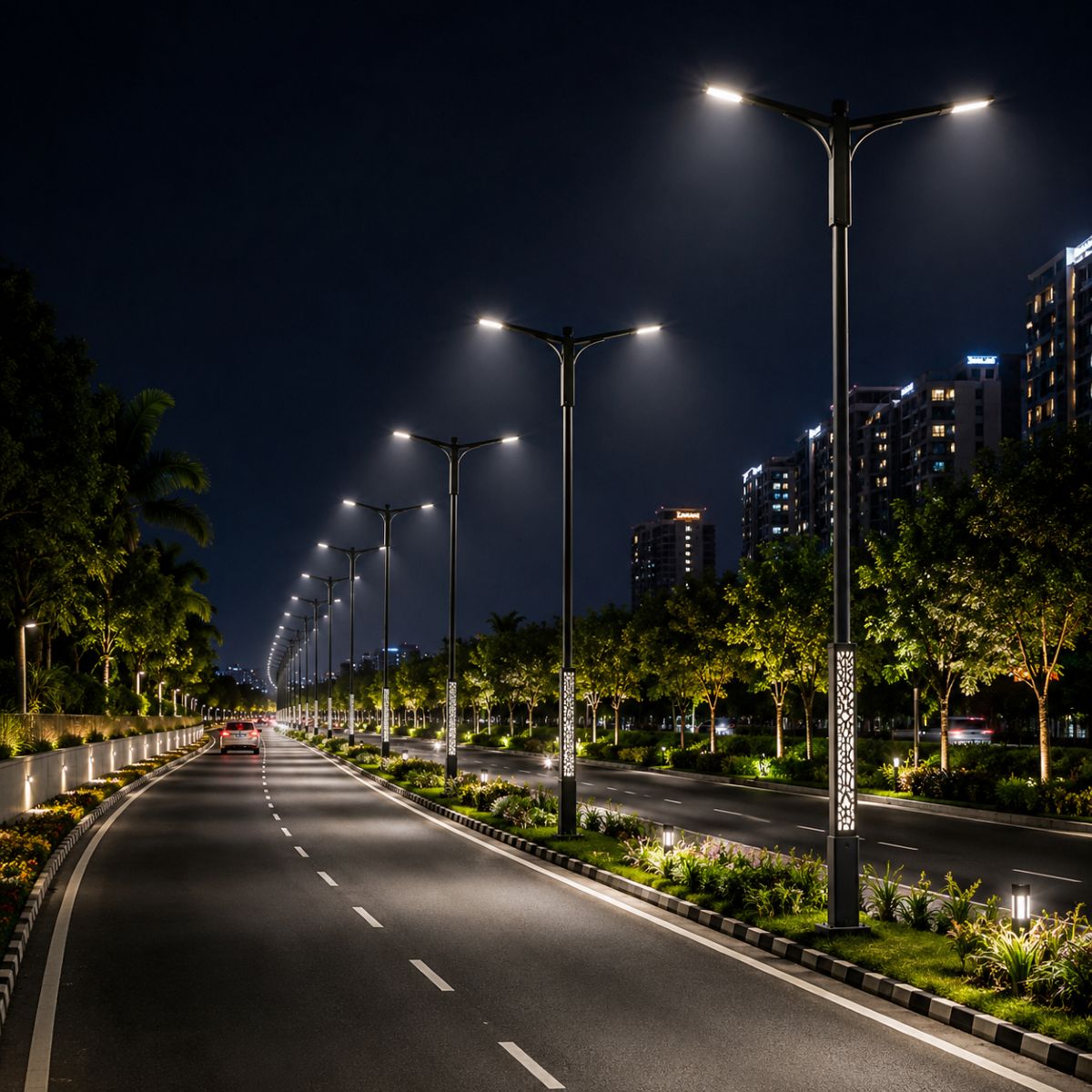 Modern LED street lighting pole manufactured by Surya Traders for highways, main traffic corridors, expressways, and major road infrastructure projects across India.