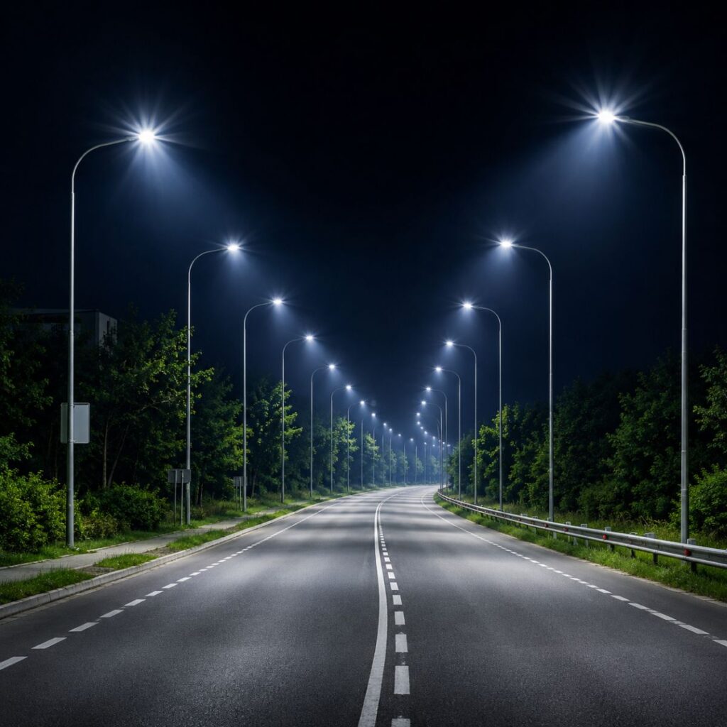 Heavy-duty MS street light pole manufactured in India by Surya Traders for highways, smart cities, industrial areas, commercial projects, and modern outdoor lighting applications.