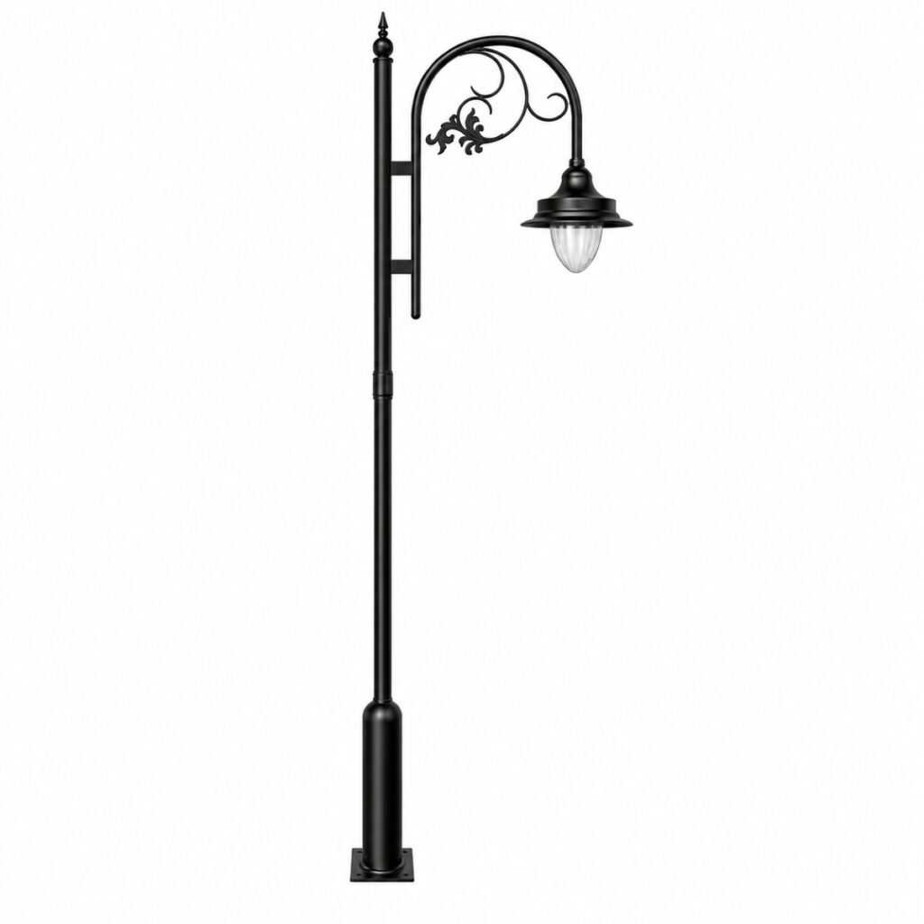 High-quality single arm garden lighting pole manufactured in India for parks, landscapes, pathways, residential communities, and outdoor decorative lighting projects.