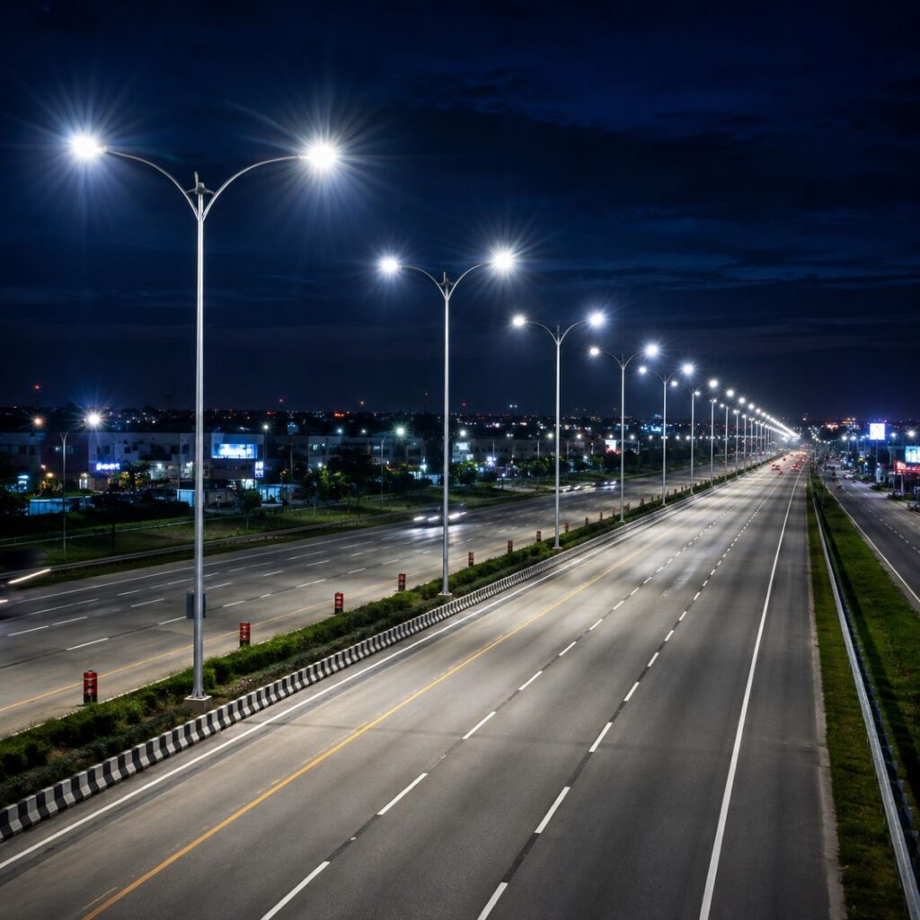 Heavy duty MS street light pole manufactured with precision engineering for roads, highways, industrial projects, smart cities, and outdoor lighting infrastructure in India.