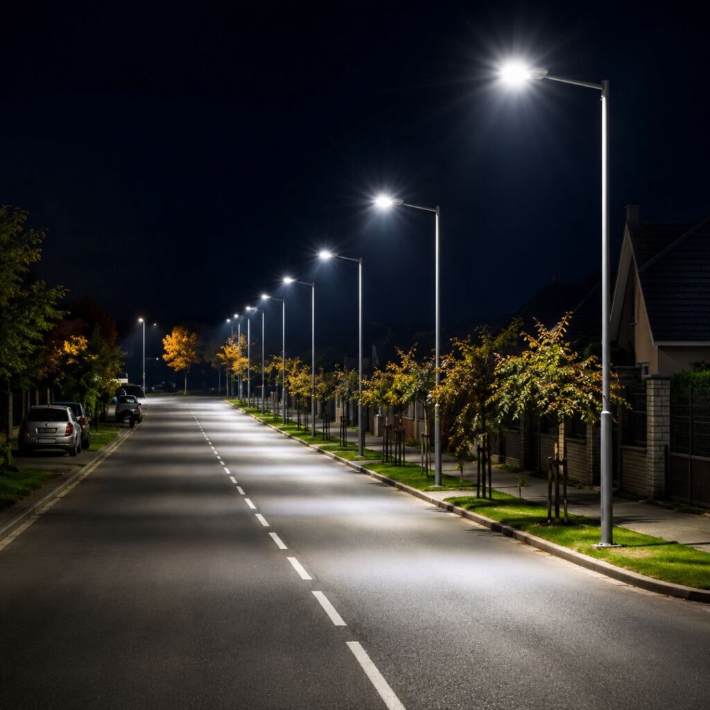 Modern design MS street light pole manufactured in India for roads, smart cities, commercial projects, parks, highways, and outdoor lighting infrastructure.