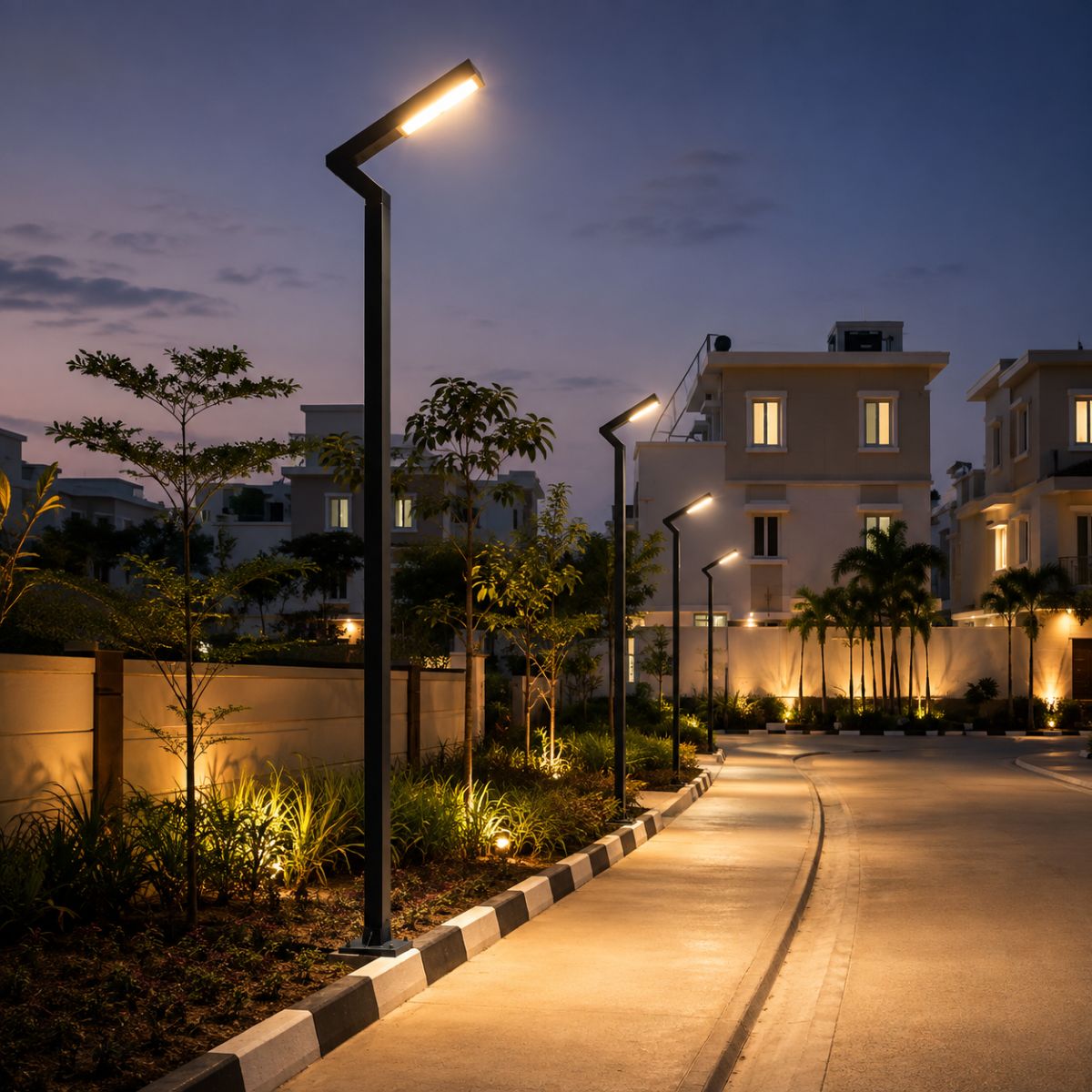 Modern LED street lighting poles manufactured by Surya Traders for developers, infrastructure companies, commercial projects, and urban development works across India.
